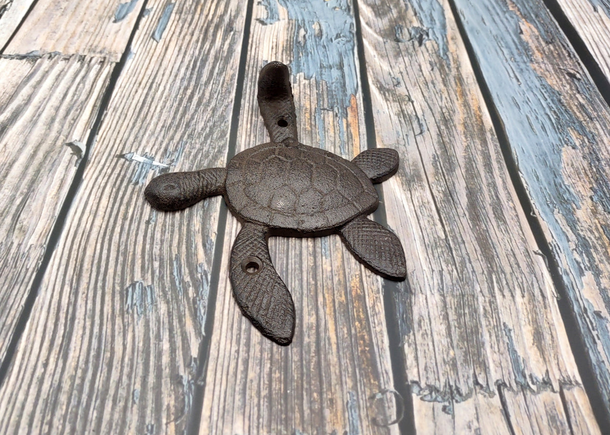 Dark Rust Cast Iron Sea Turtle Wall Hook (1 cast iron hook approx. 6+ inches) Dark Patina Sea Turtle Wall Hanger for coastal home decor!
