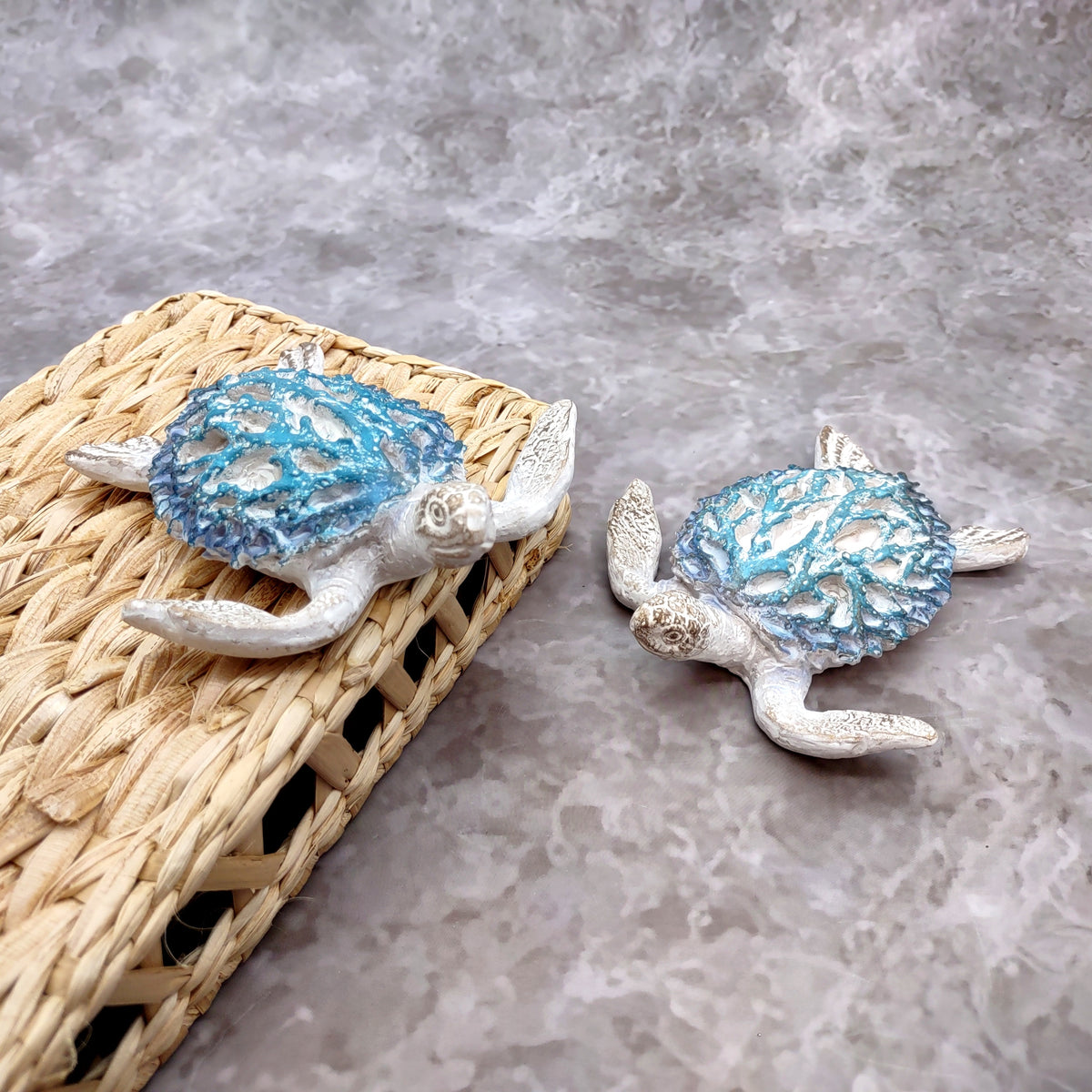 White Sea Turtle Blue Coral Shell Figurine (1 figure approx. 4+ inches) Rough White Blue Sea Turtle Statuette for decor gifts & collecting!