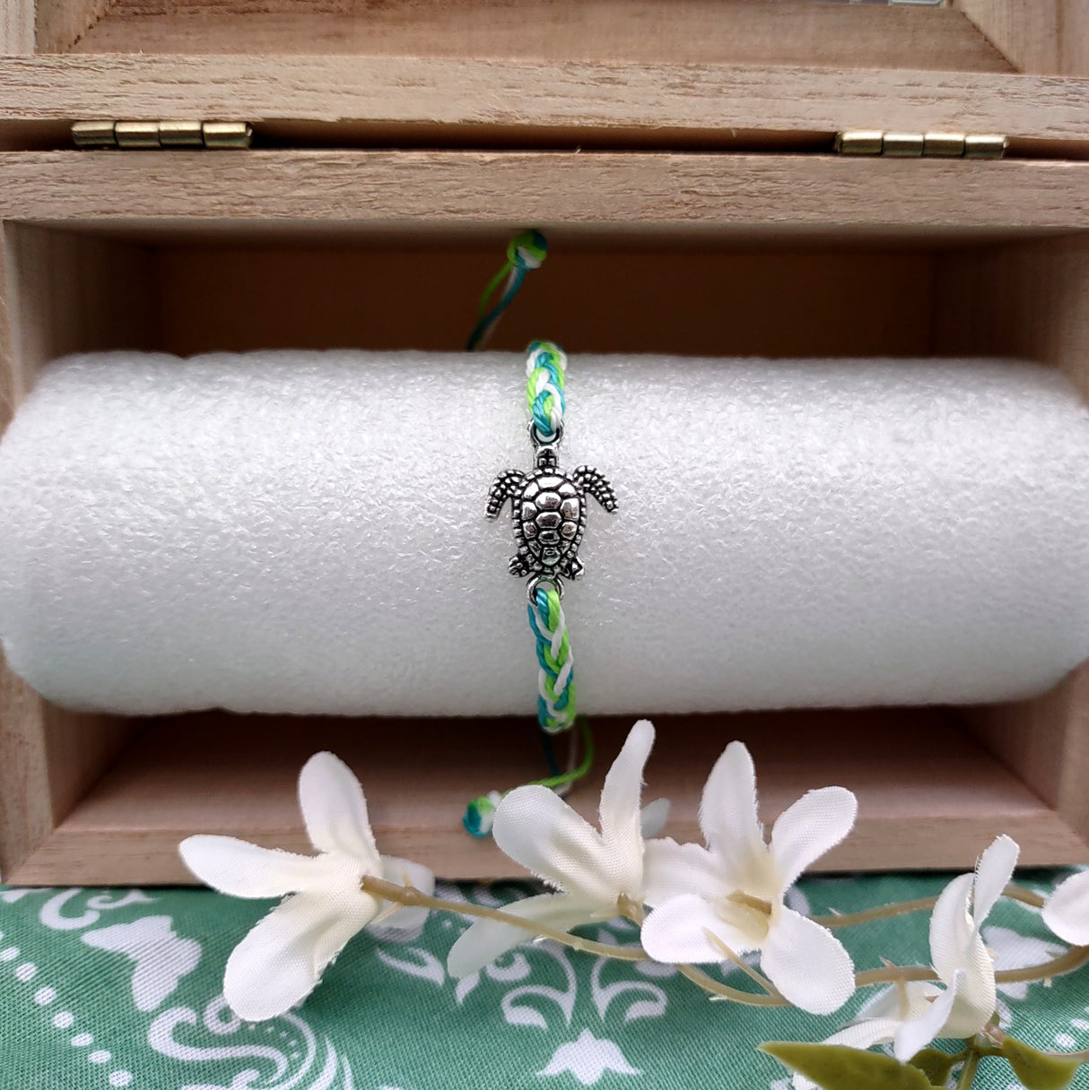 Sea Turtle Bracelet Braided Cord Teal Lime Green White (approx. 5-7+ inches AROUND) Aqua Green White String Sea Turtle Bracelet to gift!