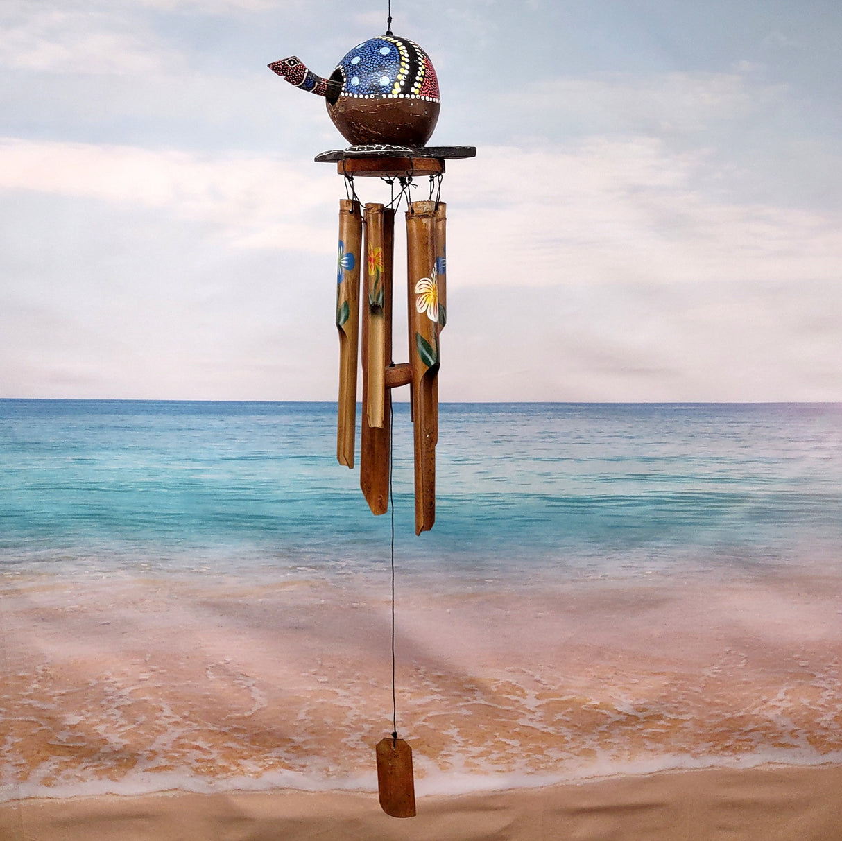 Painted Coconut Sea Turtle Bamboo Wind Chime Red Dot B GRADE (1 chime approx. 30 x 5 inches) Painted Sea Turtle Chime for patio decor!