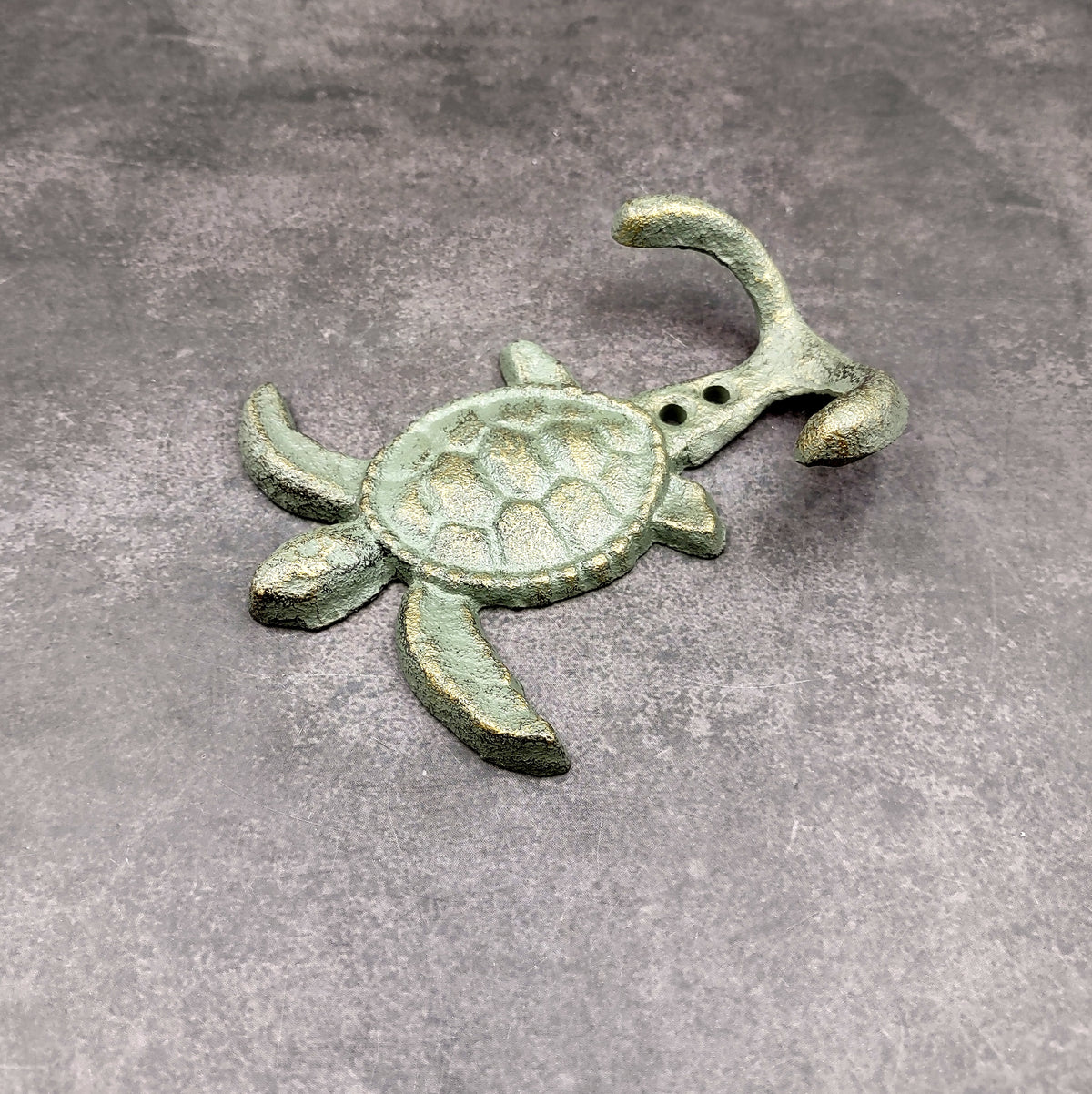 Cast Iron Sea Turtle Wall Hooks Green Gold Patina (1 metal hook approx. 4.75+ inches) Green Sea Turtle Double Wall Hook for coastal decor!