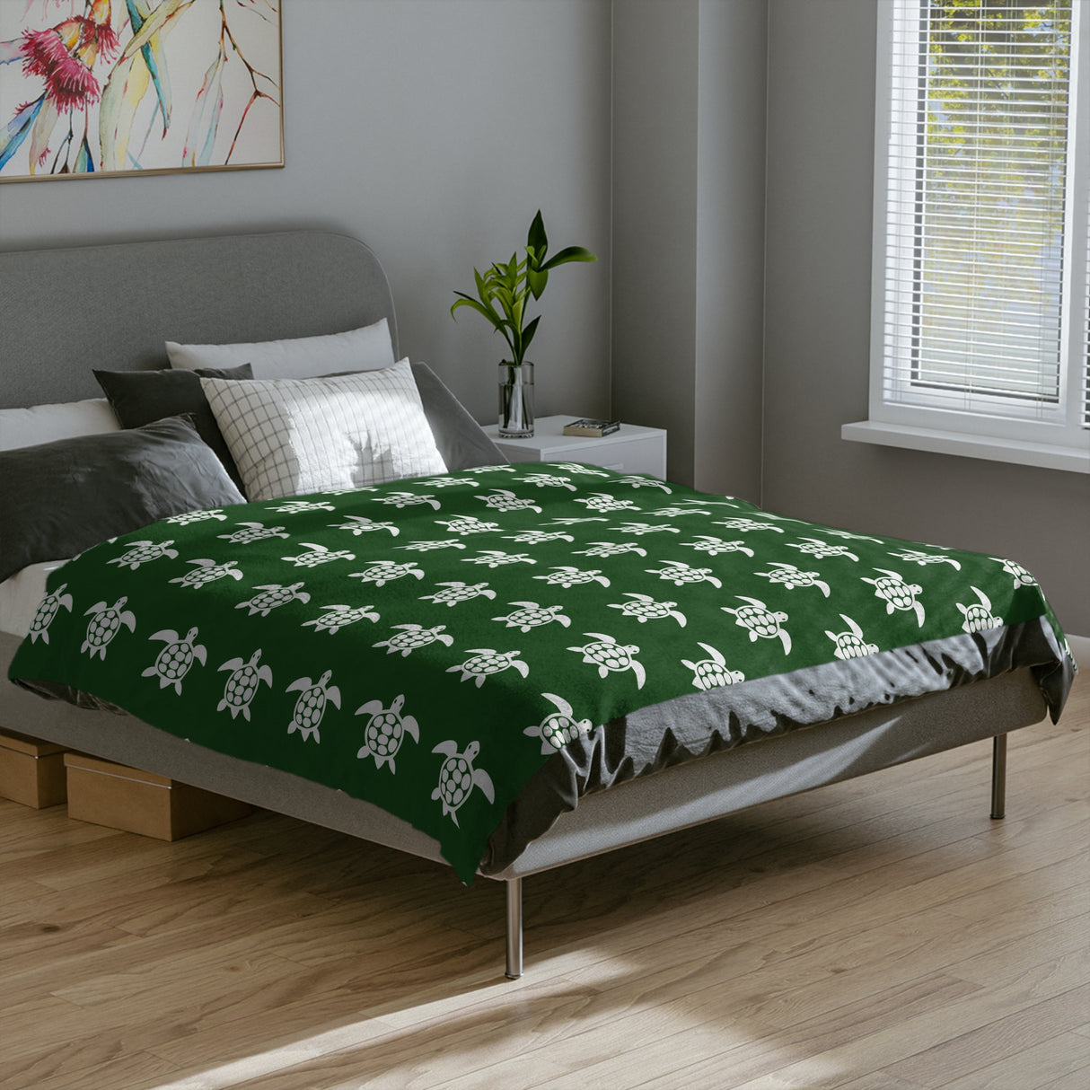 Green and White Sea Turtle Pattern-Themed Velveteen Microfiber Blanket - 3 Sizes