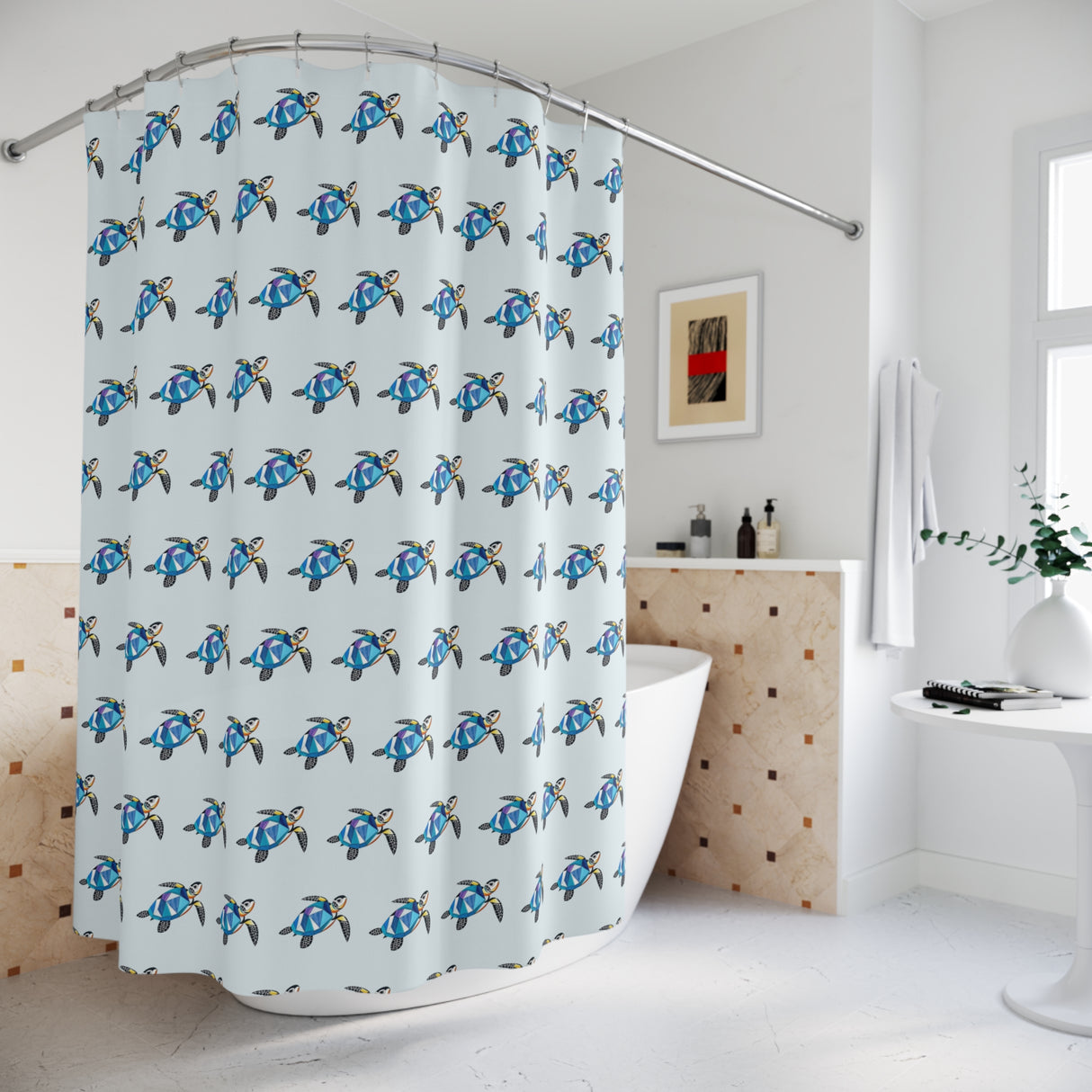 blue Stained Glass Style Sea Turtle Shower Curtains - Coastal Bathroom Decor