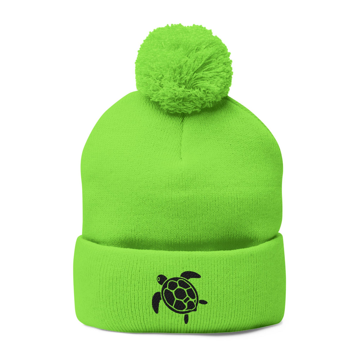 Cozy Pom-Pom Knit Cap with Black Sea Turtle Embroidery - 5 colors