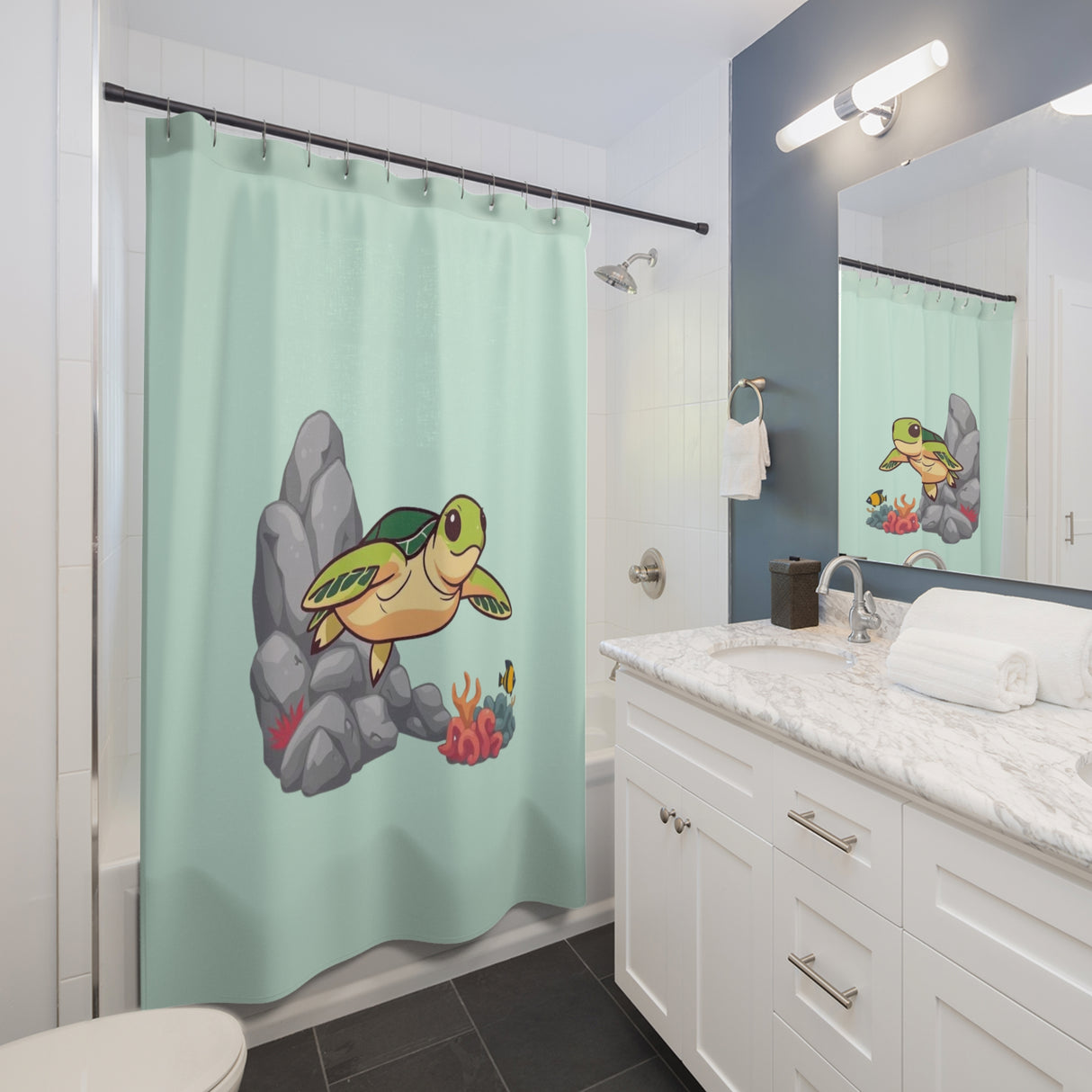 Cartoon Green Sea Turtle Shower Curtains - Coastal Bathroom Decor