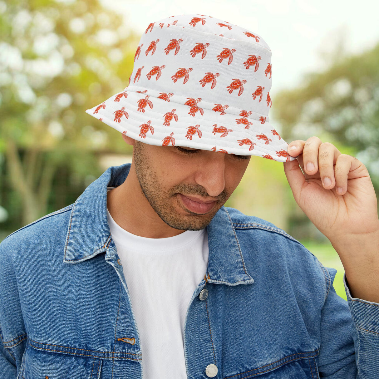 White Red Sea Turtle Pattern Bucket Hats - Large Sizes Available