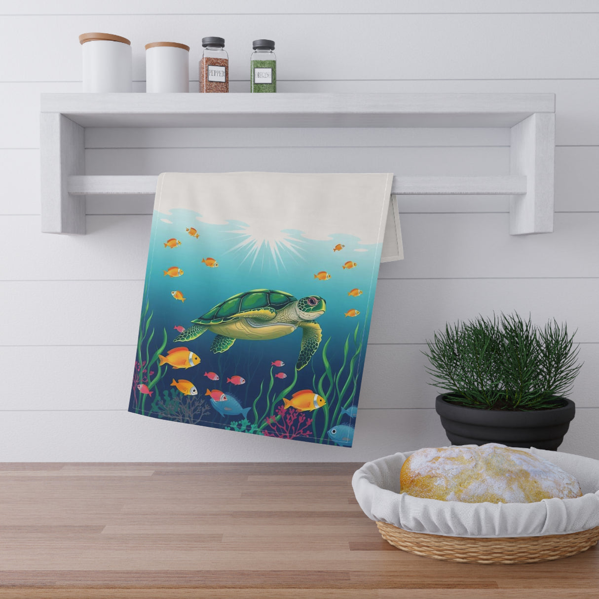 Illustrated Floating Sea Turtle Tea Towel (cotton, poly)