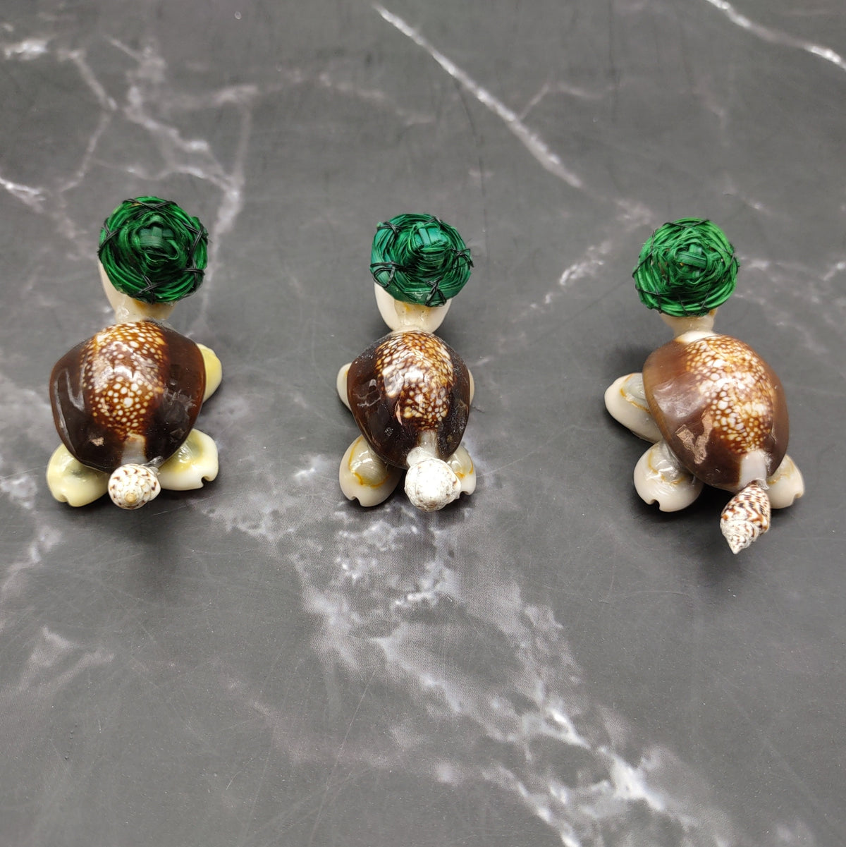 Cowrie Shell Sea Turtle Figurines Green Hat (3 figures approx. 2+ inches) Cute Cowrie Seashell Sea Turtles for gifts decor & display!