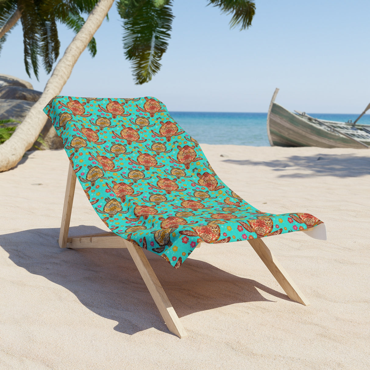 Colorful Teal Boho Art Sea Turtle Beach Towel