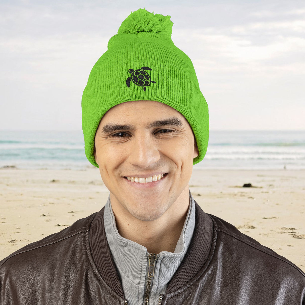 Cozy Pom-Pom Knit Cap with Black Sea Turtle Embroidery - 5 colors