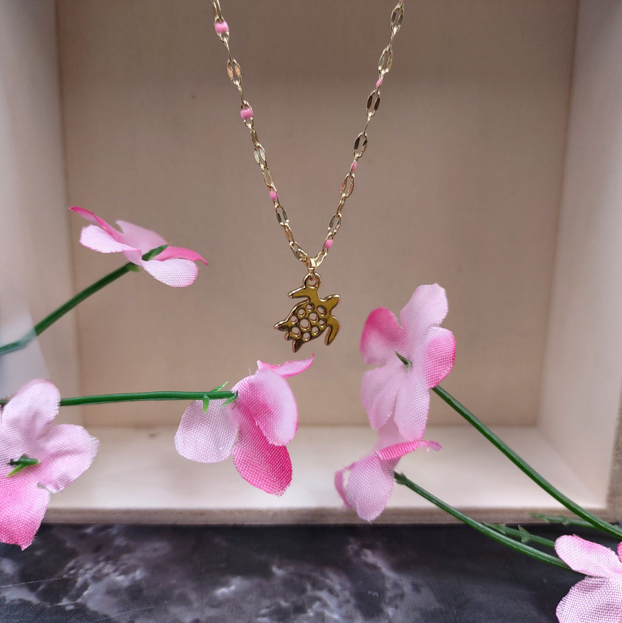 Sea Turtle Necklace Pink Gold Color (1 necklace approx. 16+ inches AROUND) Elegant Gold Tone Pink Sea Turtle charm necklace for gifting!
