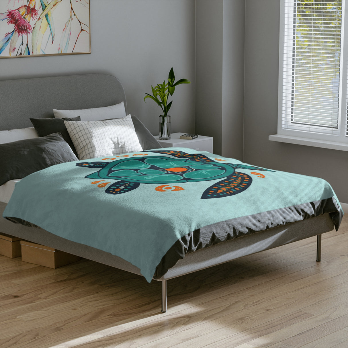 Blue Sea Turtle-Themed Boho Velveteen Microfiber Blanket - 3 Sizes