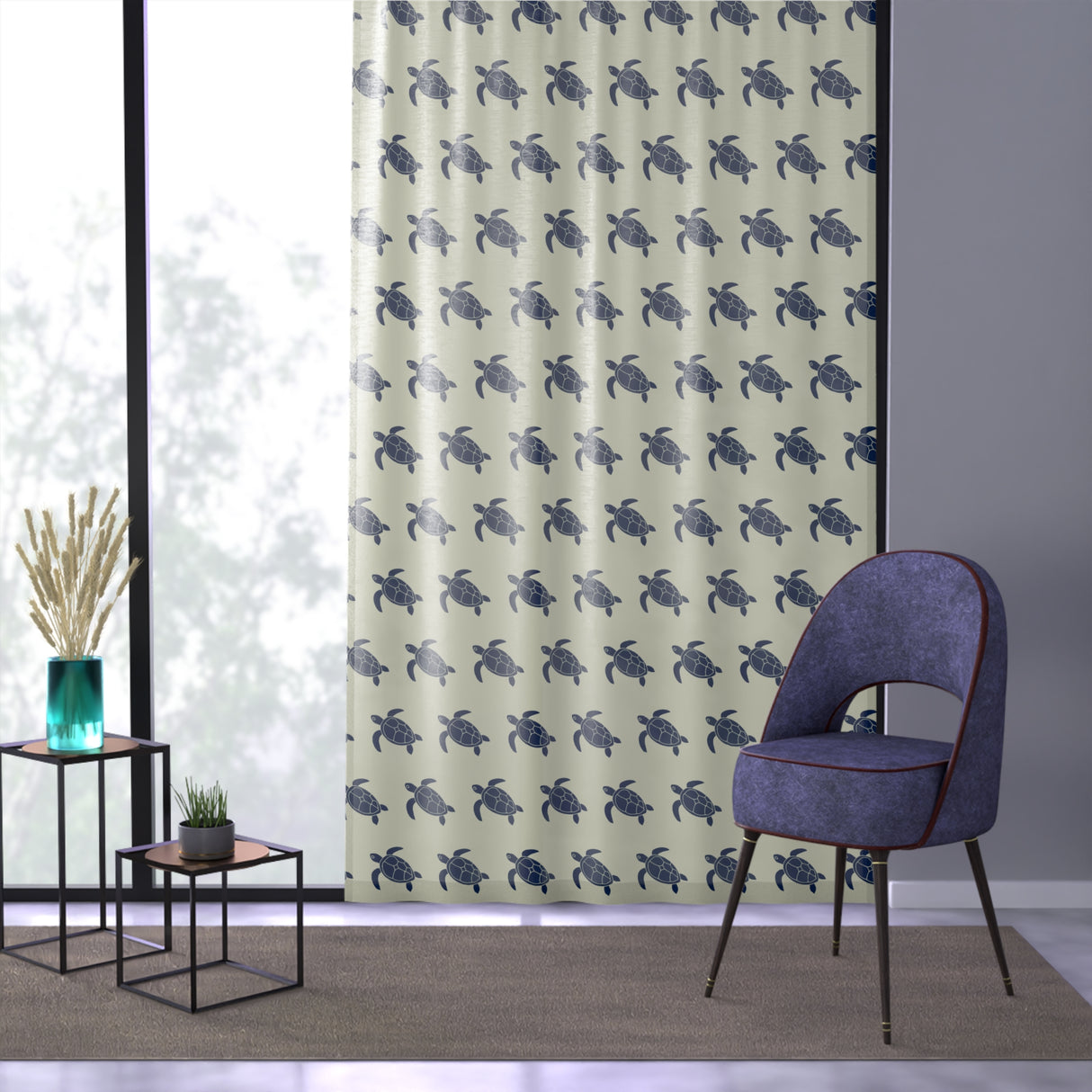 Dark Blue and Off White Sea Turtle Pattern Window Curtain