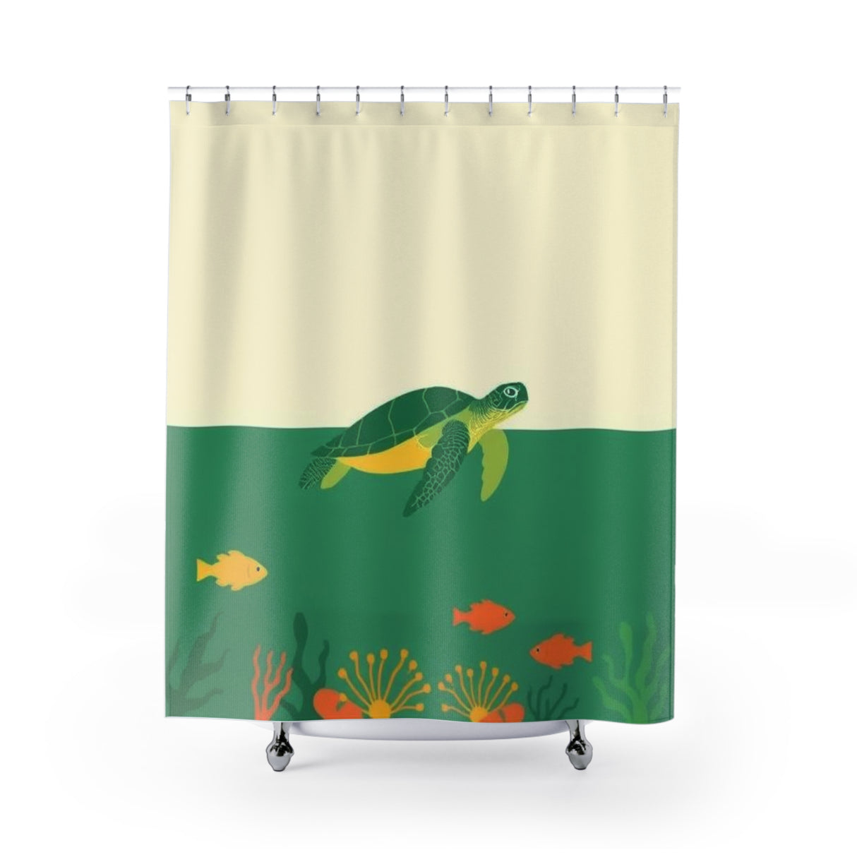 Green and Off White Swimming Sea Turtle Shower Curtains - Coastal Bathroom Decor