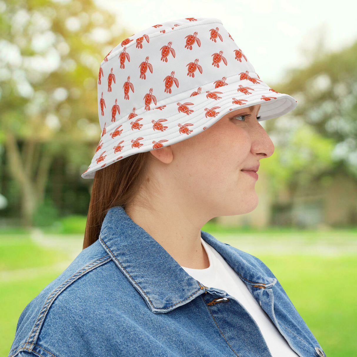 White Red Sea Turtle Pattern Bucket Hats - Large Sizes Available