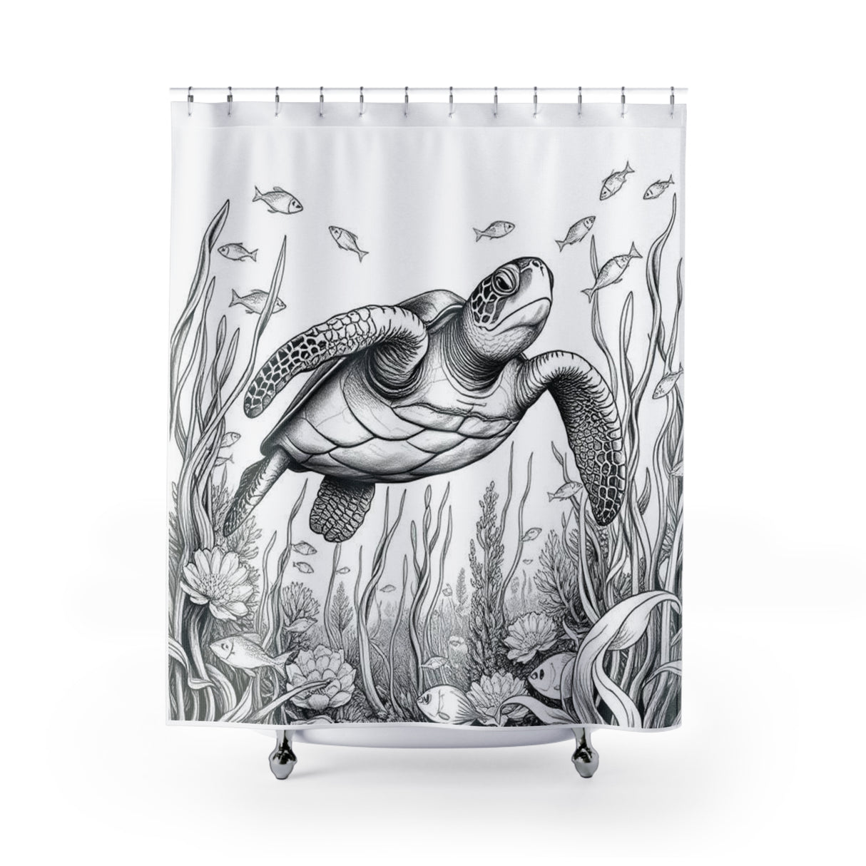 Black and White Sketch Style Sea Turtle Shower Curtains - Coastal Bathroom Decor