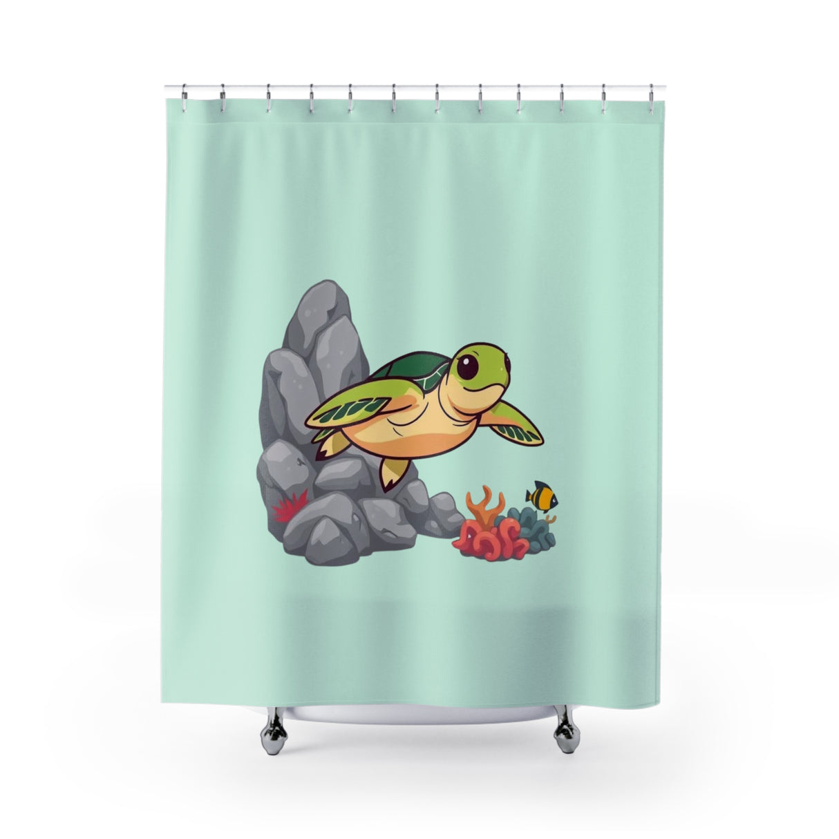 Cartoon Green Sea Turtle Shower Curtains - Coastal Bathroom Decor