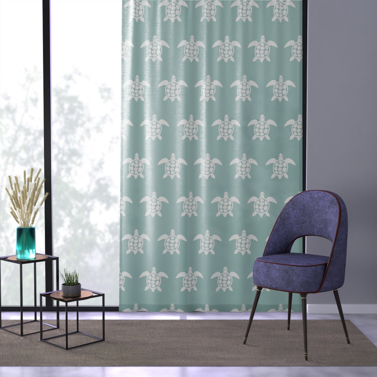 White and Blue Sea Turtle Tropical Pattern Window Curtain