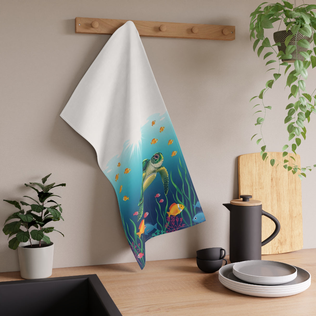 Illustrated Floating Sea Turtle Tea Towel (cotton, poly)