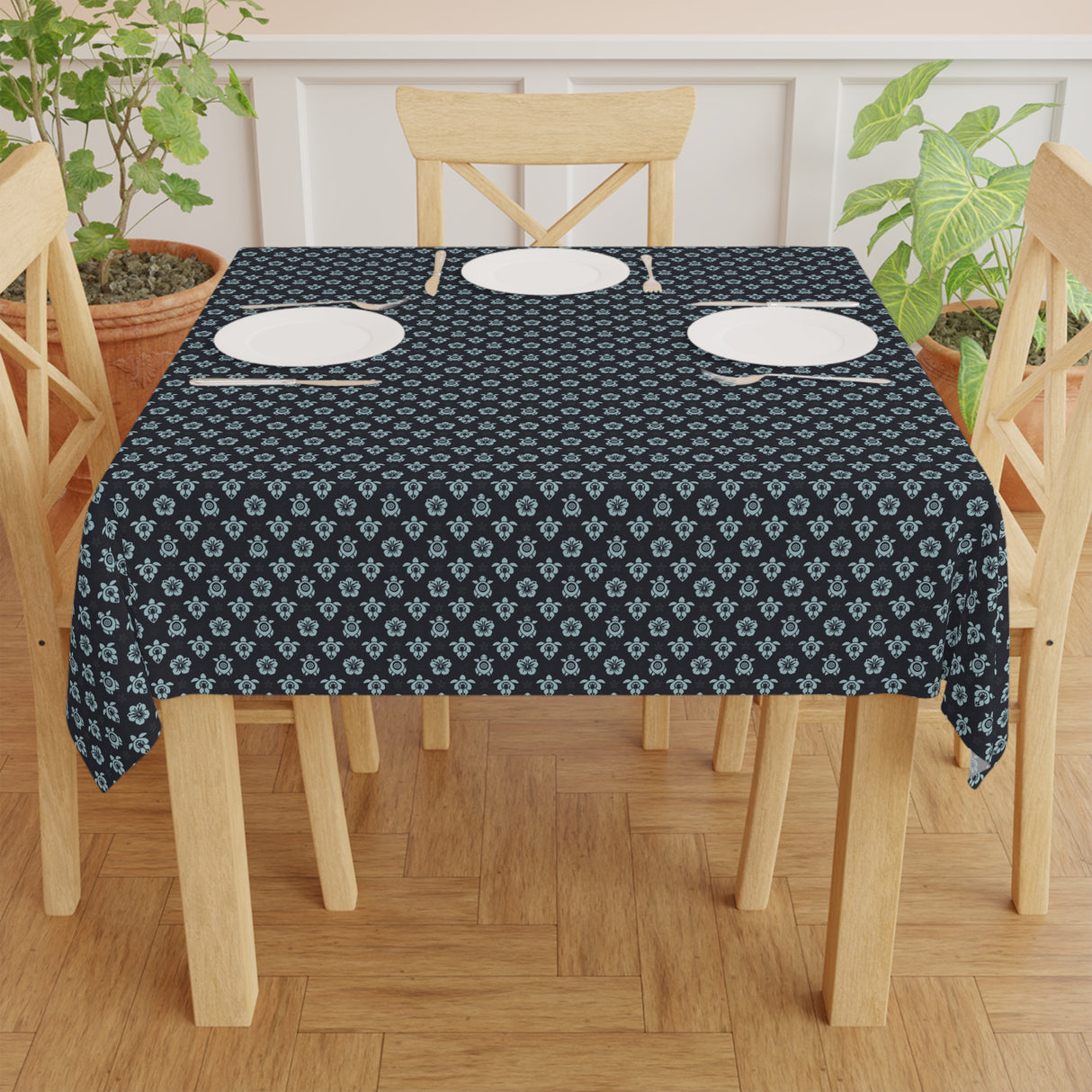 Dark Blue Sea Turtle and Floral Print Tablecloth