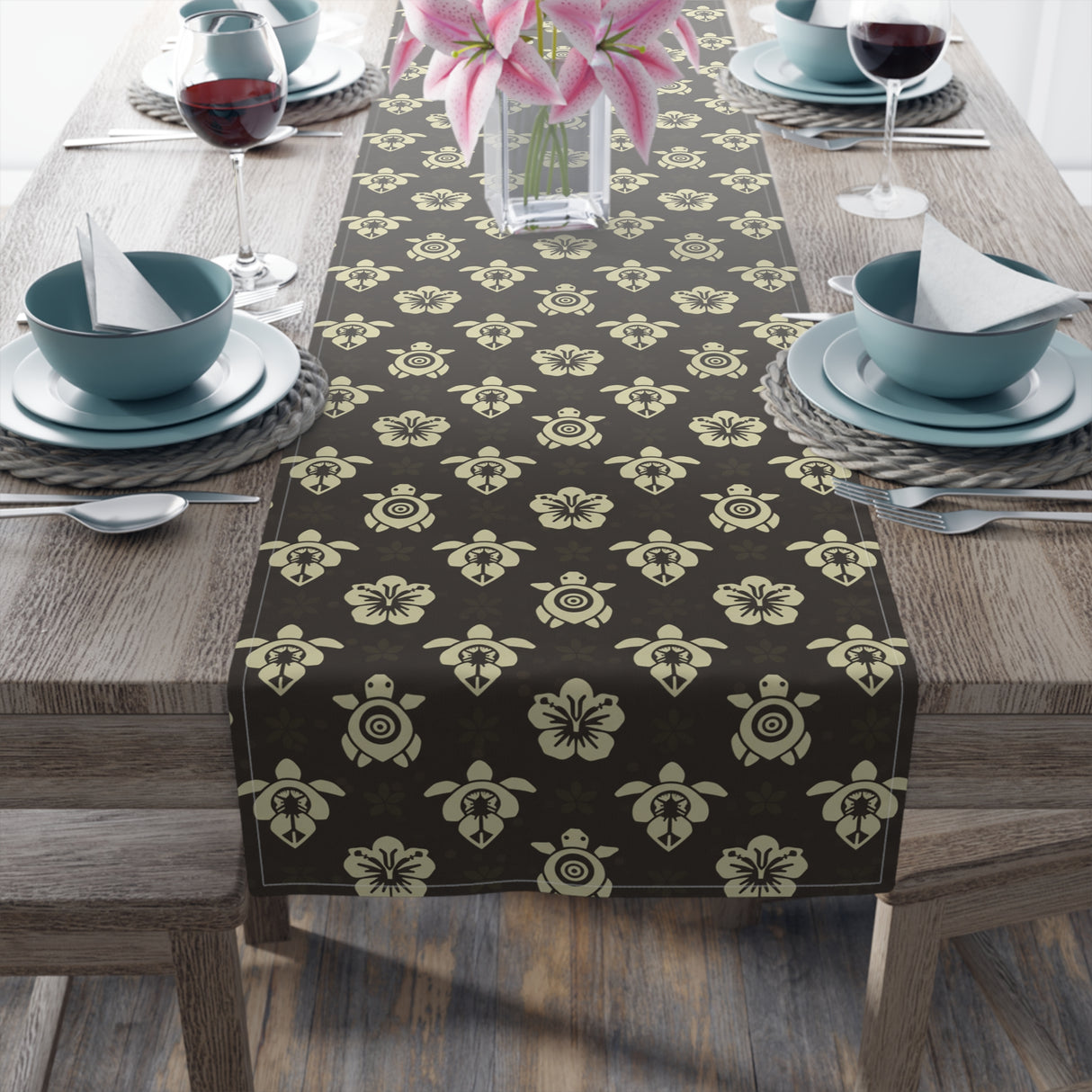 Dark Brown Sea Turtle and Floral Print Table Runner