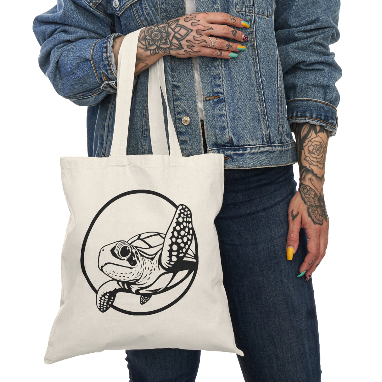 Waving Sea Turtle Design Natural Cotton Tote Bag
