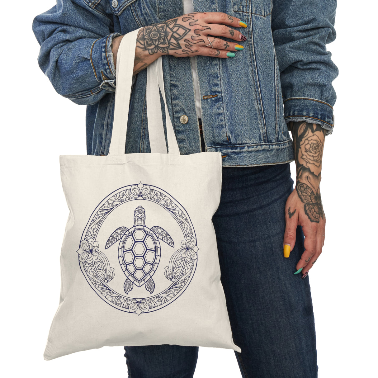 Purple Tropical Flowers and Sea Turtle Eco-Friendly Cotton Tote Bag