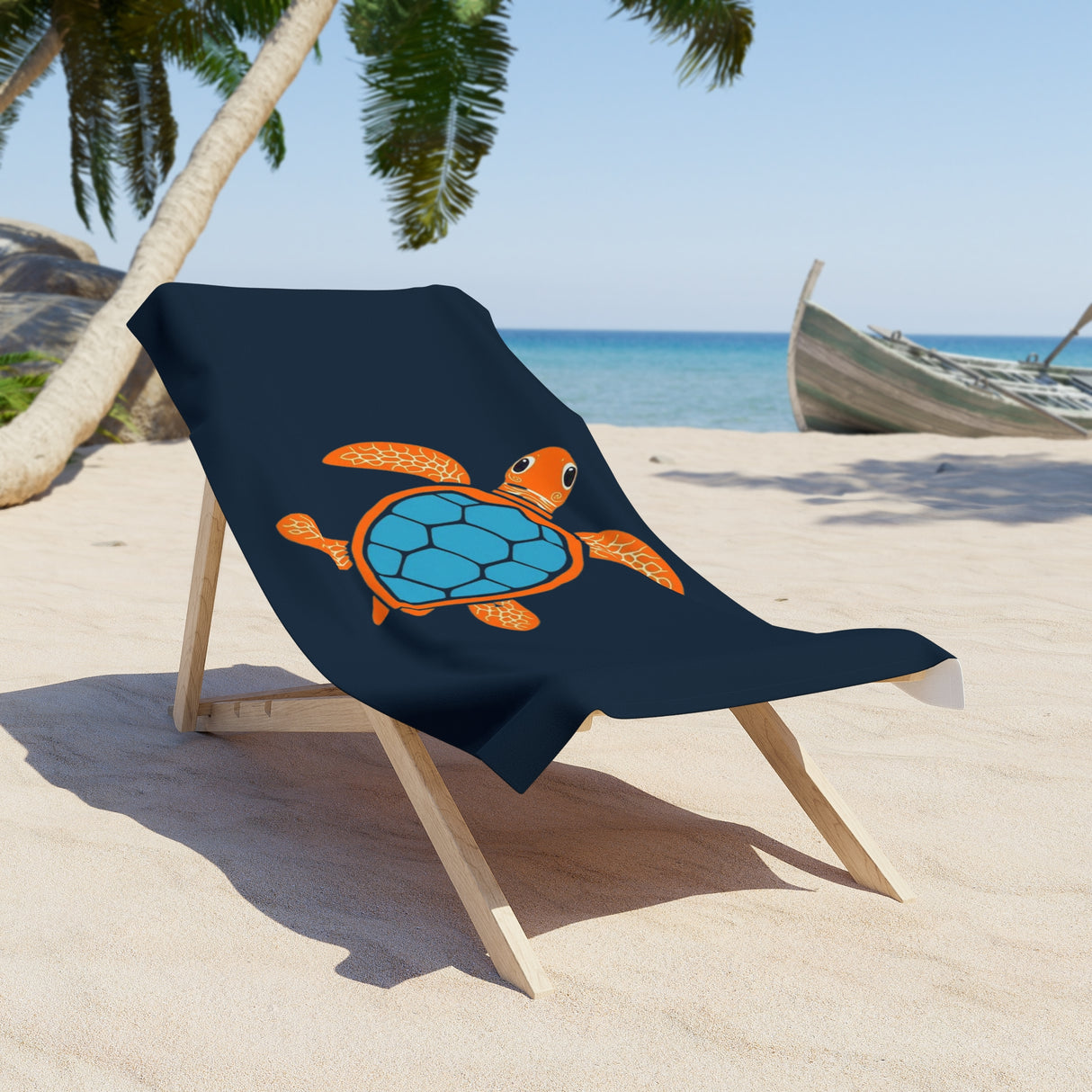 Dark Blue and Orange Sea Turtle Beach Towel