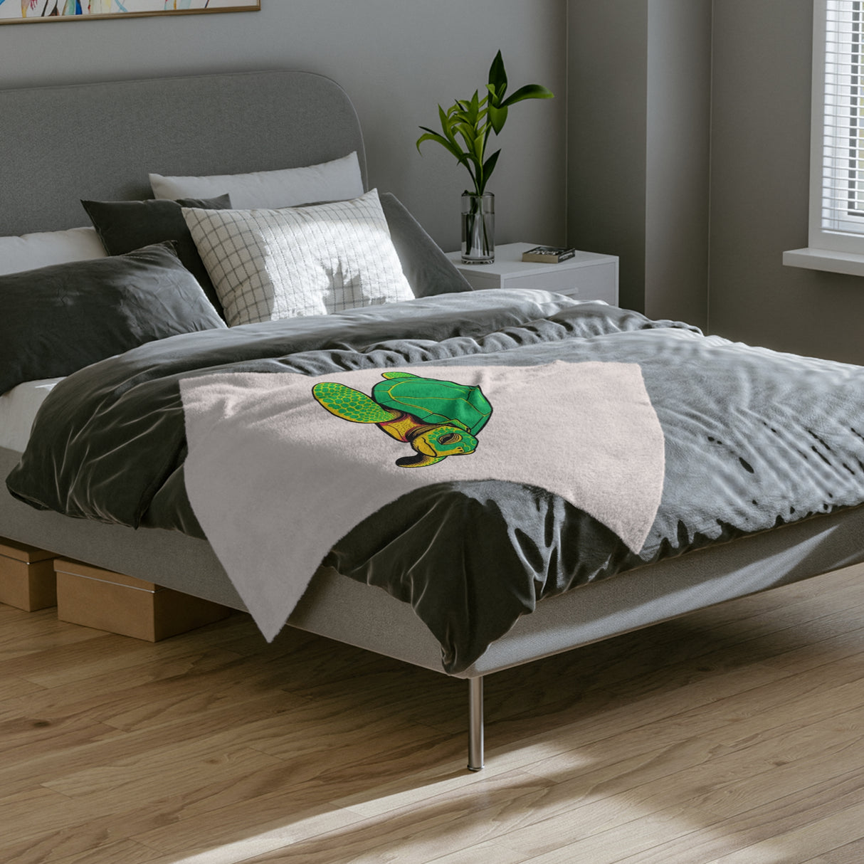 Comic Style Green Sea Turtle -Themed Velveteen Microfiber Blanket - 3 Sizes