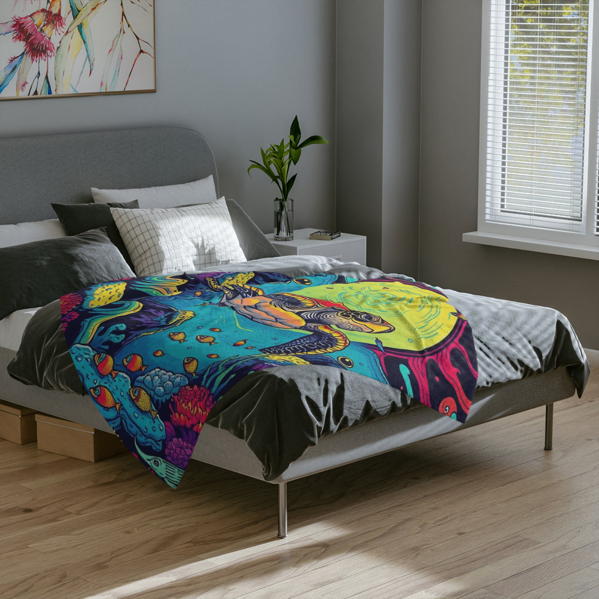 Psychedelic Sea Turtle-Themed Velveteen Microfiber Blanket - 3 Sizes