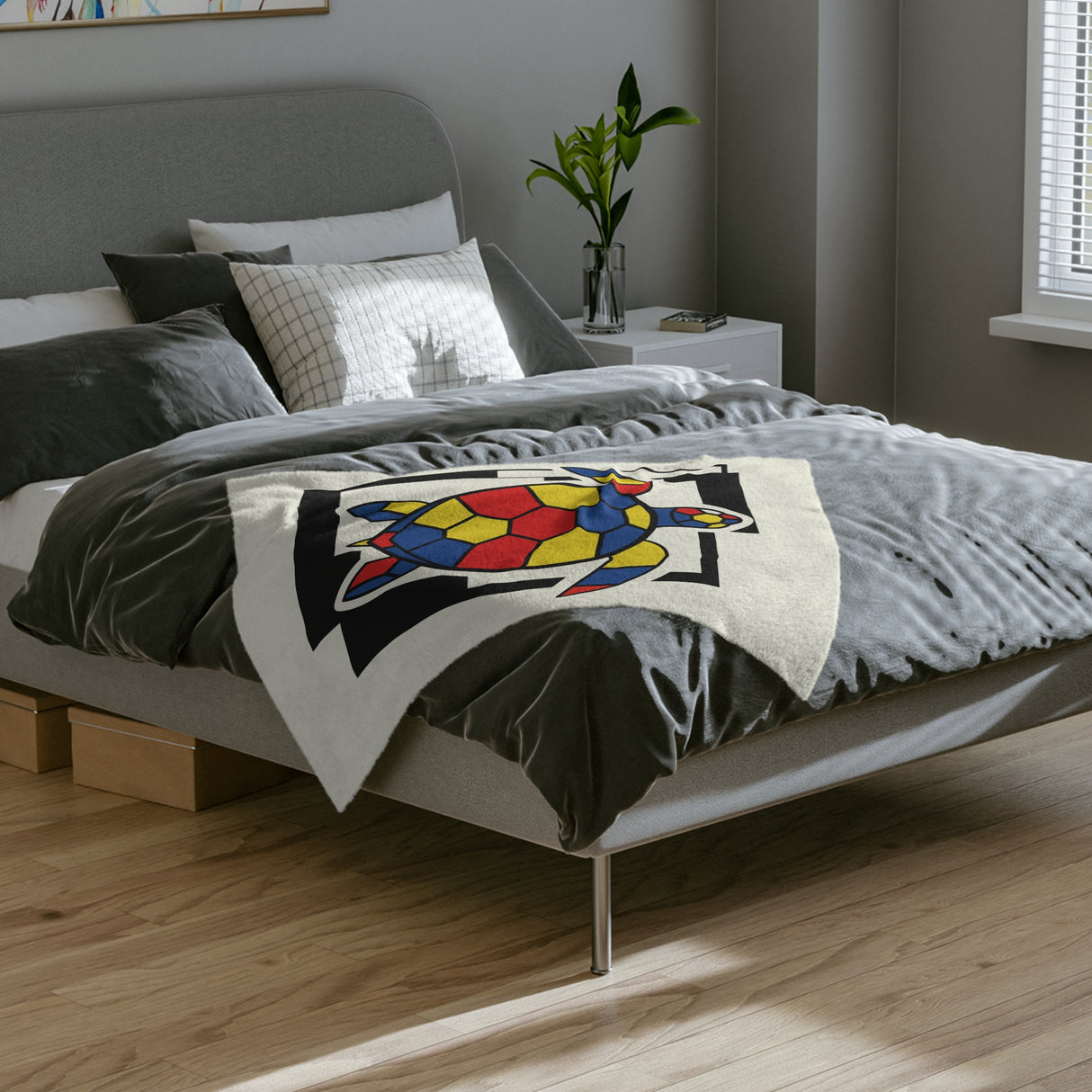 Bauhaus Inspired Red Yellow Blue Sea Turtle-Themed Velveteen Microfiber Blanket - 3 Sizes