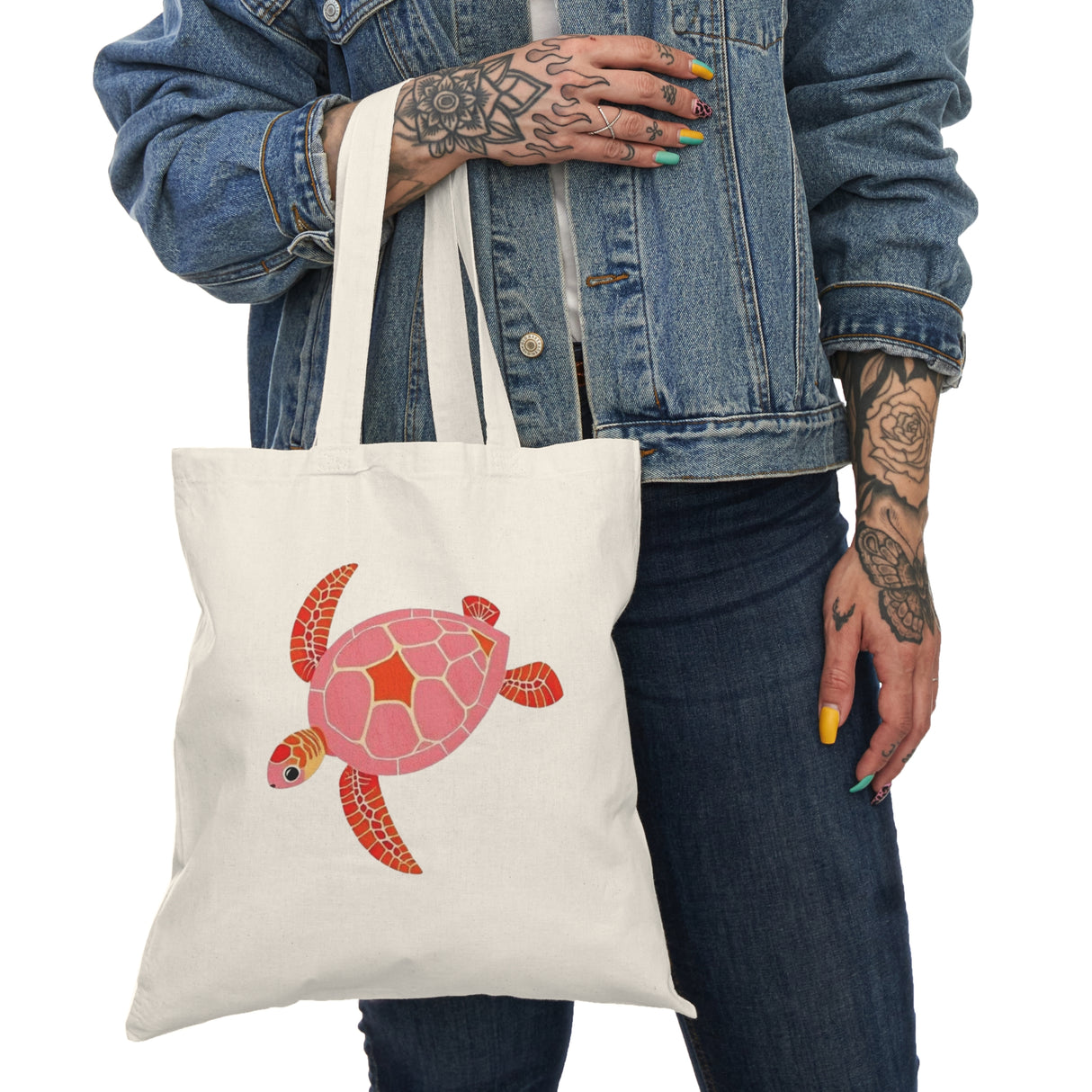 Eco-Friendly Pink and Red Turtle Design Natural Cotton Tote Bag