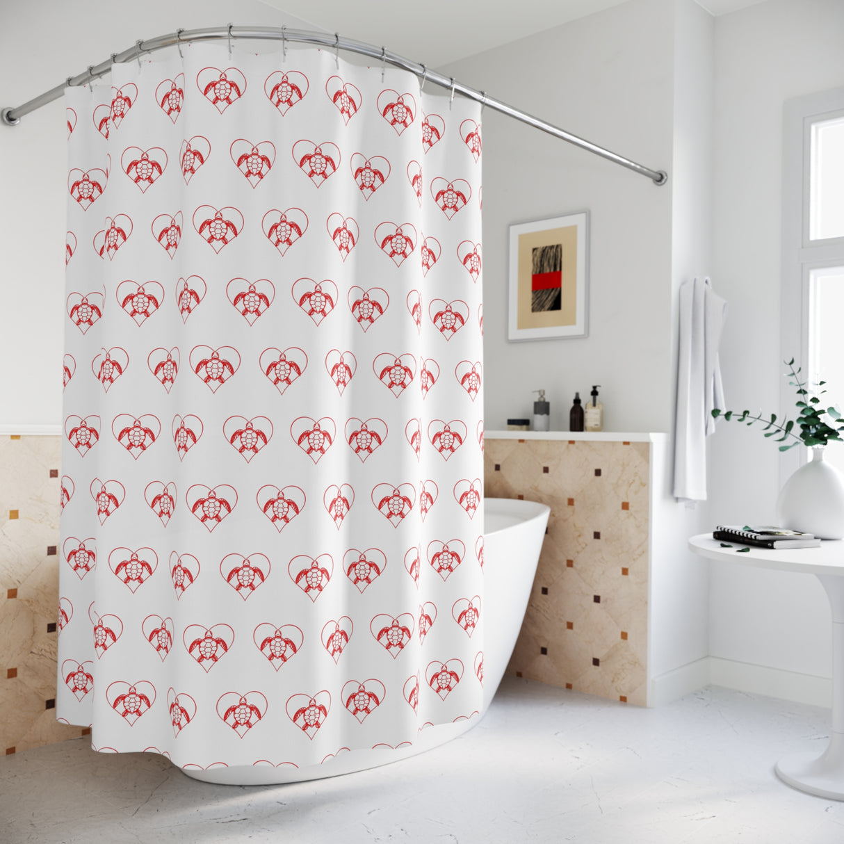 Red Heart Sea Turtle Shower Curtains - Coastal Bathroom Decor