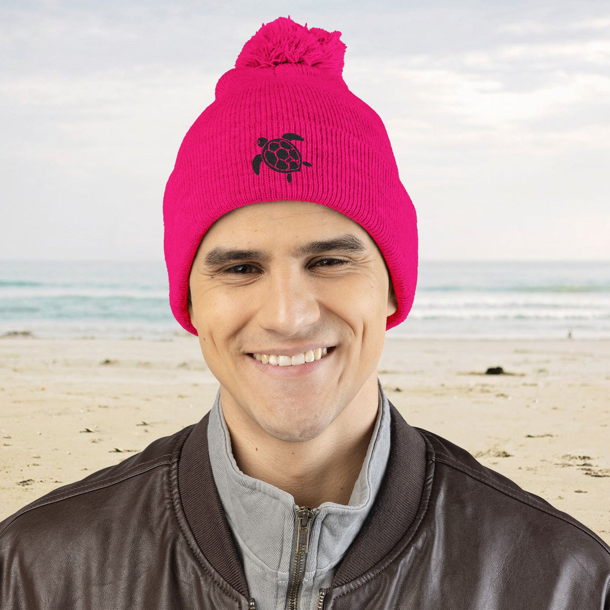 Cozy Pom-Pom Knit Cap with Black Sea Turtle Embroidery - 5 colors