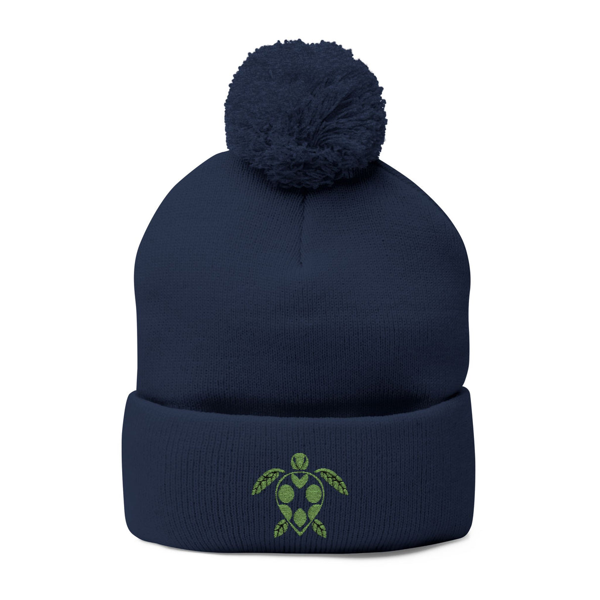 Cozy Pom-Pom Knit Cap with Green Sea Turtle Embroidery