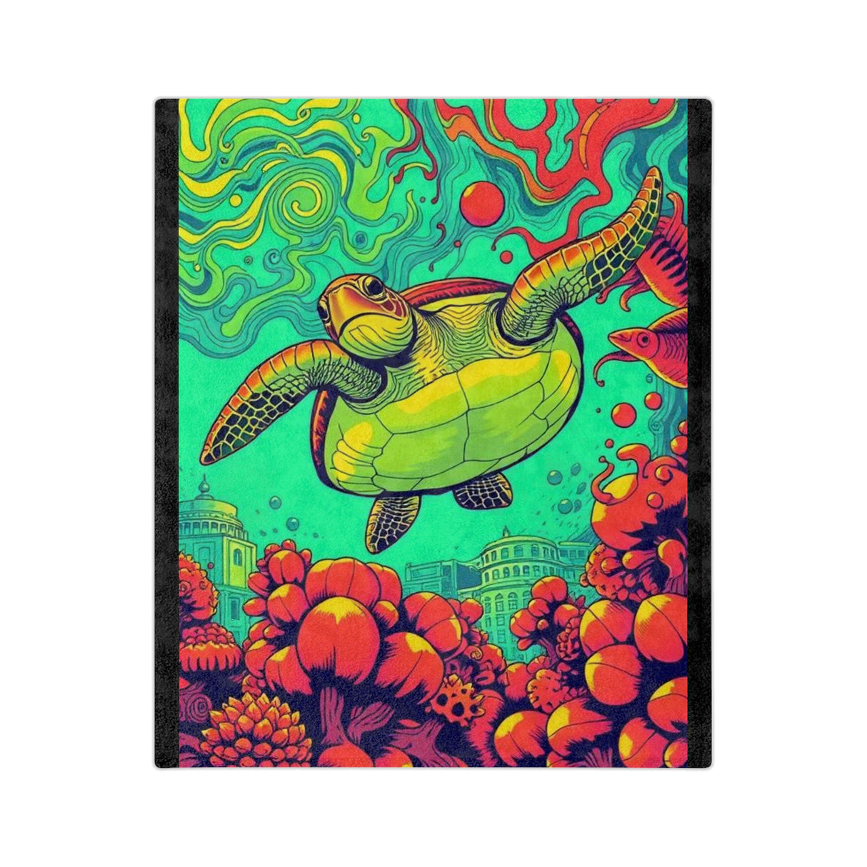 Colorful Sea Turtle Near Atlantis -Themed Velveteen Microfiber Blanket - 3 Sizes