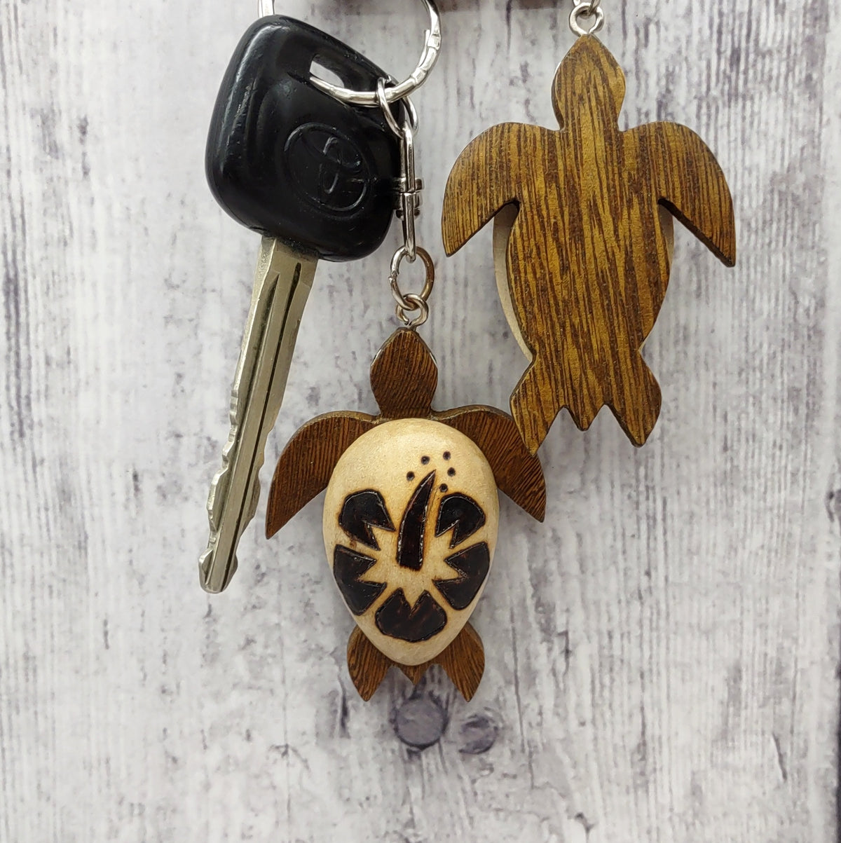 Natural Wood Hibiscus Sea Turtle Keychain (1 keychain approx. 4+ inches) Wooden Pattern Sea Turtle Key Fob for gifting or decorative charm!