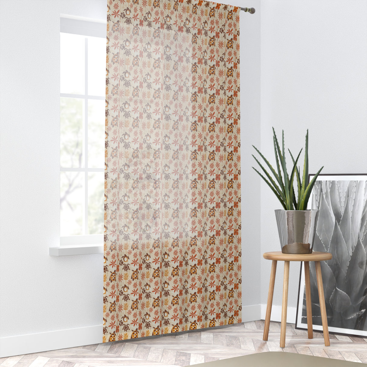 Brown and Orange Sea Turtle Tiki Pattern Window Curtain