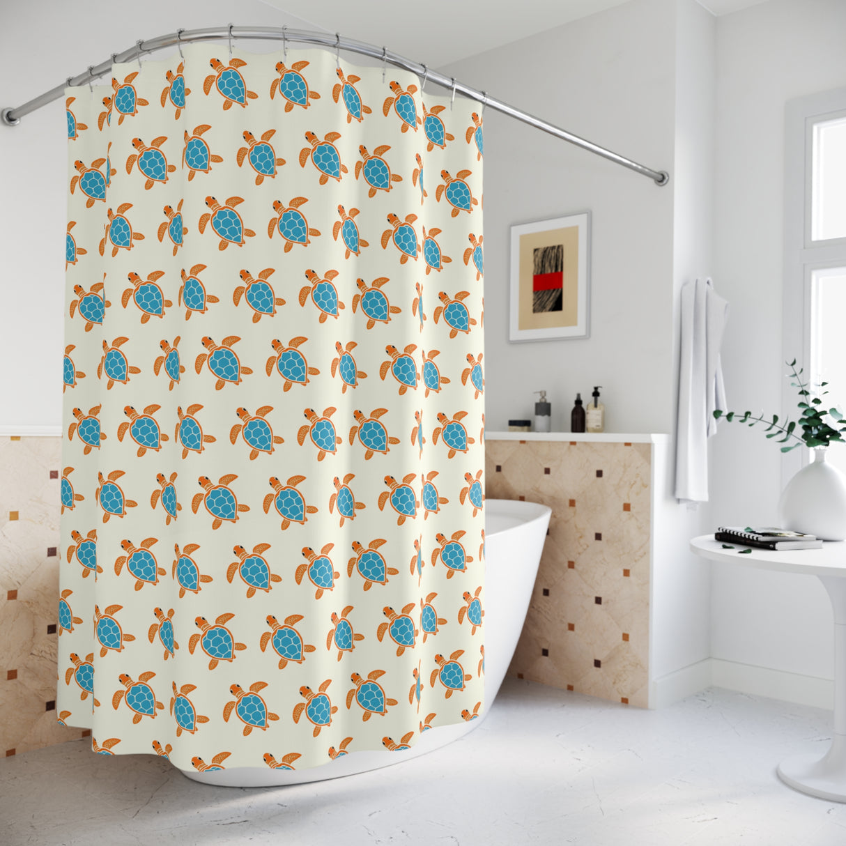Blue and Orange Sea Turtle Shower Curtains - Coastal Bathroom Decor