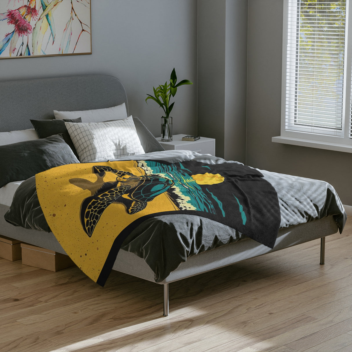 Black Gold Teal Sea Turtle-Themed Velveteen Microfiber Blanket - 3 Sizes