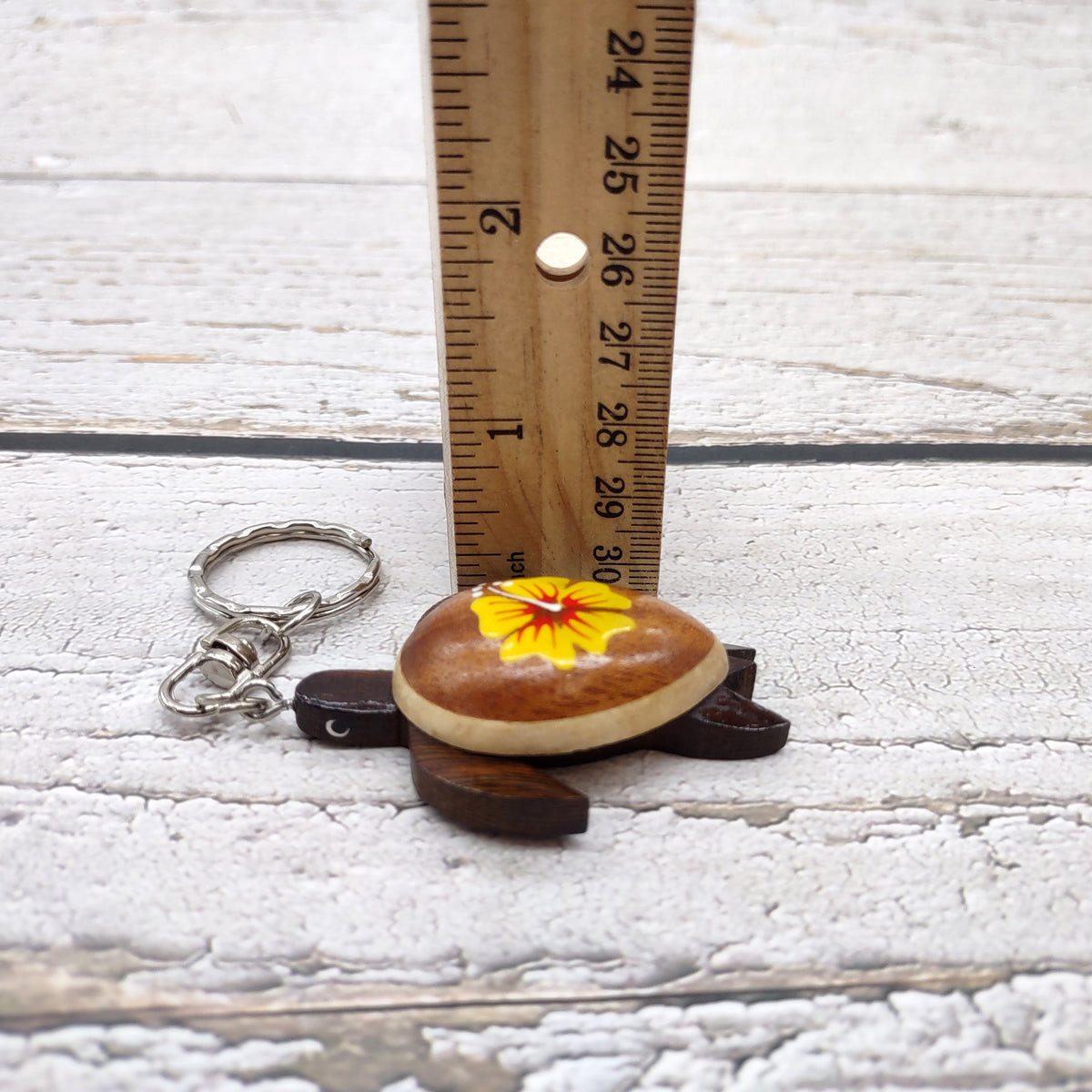 Yellow Hibiscus Painted Wooden Sea Turtle Keychain (1 key fob approx. 4.25+ inches) Wooden Sea Turtle Keychain for gifting or party favors!