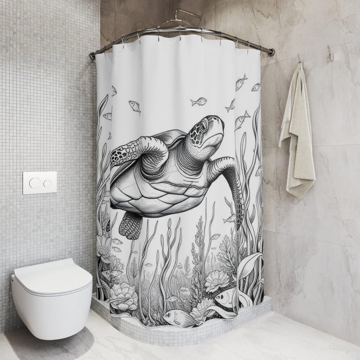 Black and White Sketch Style Sea Turtle Shower Curtains - Coastal Bathroom Decor