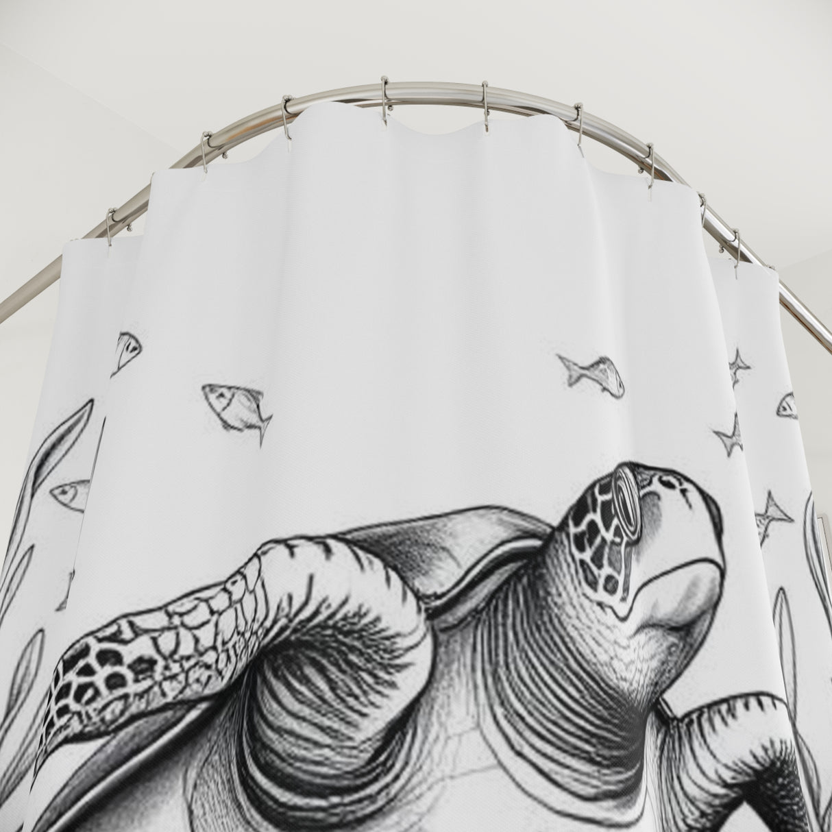 Black and White Sketch Style Sea Turtle Shower Curtains - Coastal Bathroom Decor