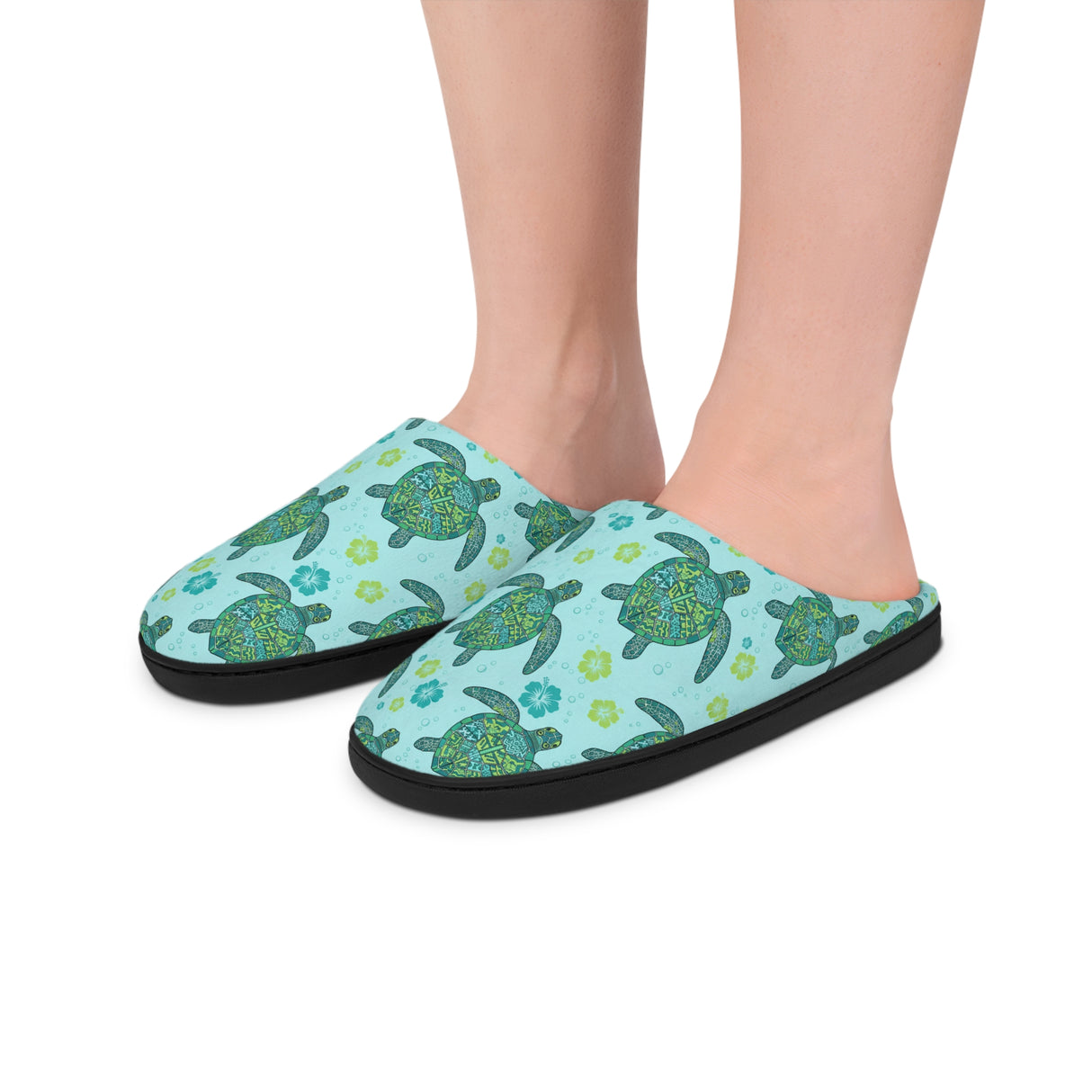 Womens Blue Tropical Sea Turtle Print Indoor Slippers