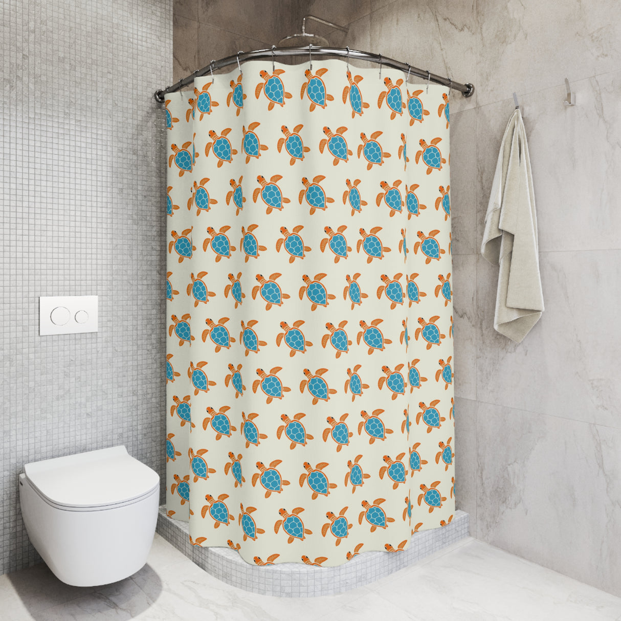 Blue and Orange Sea Turtle Shower Curtains - Coastal Bathroom Decor