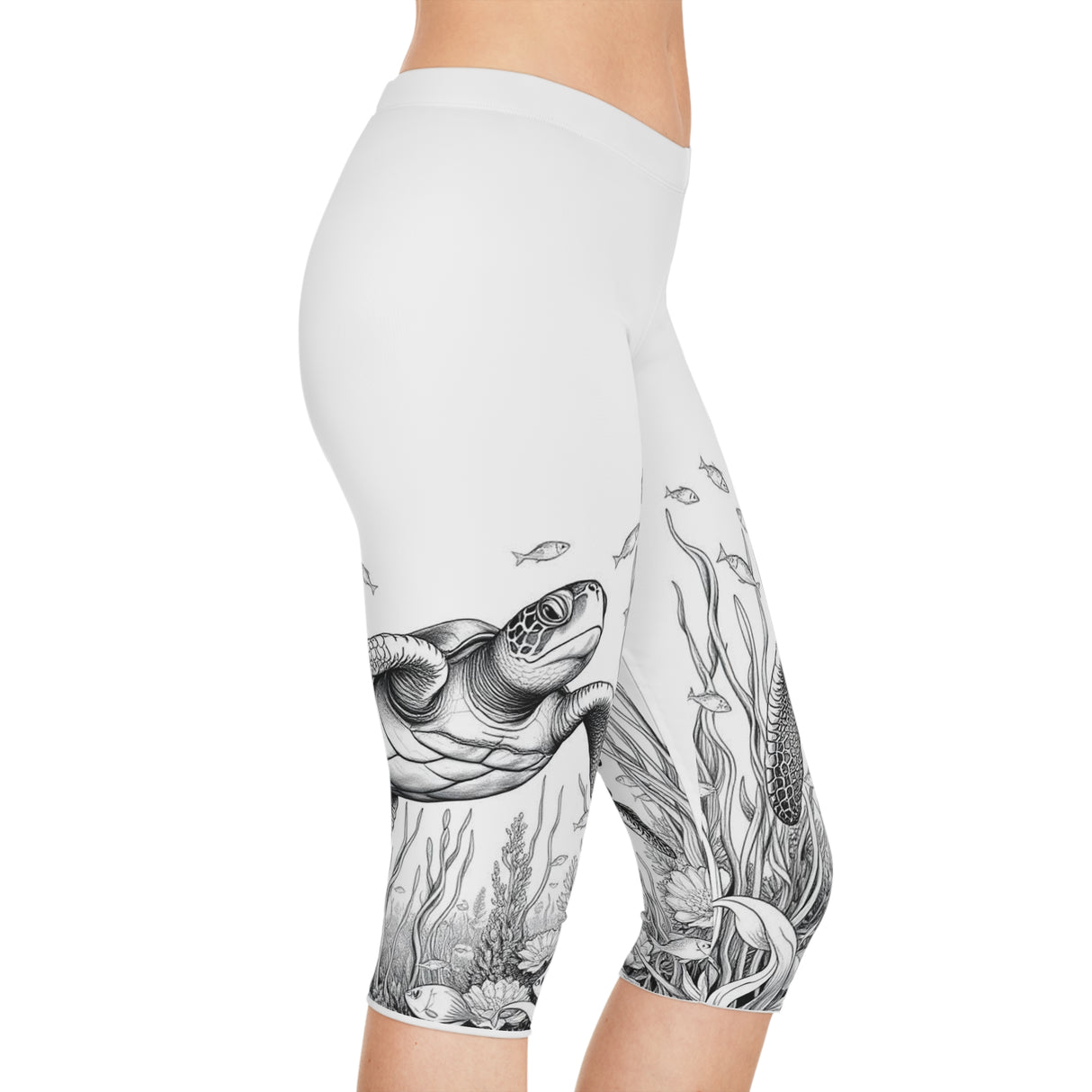 Black and White Sea Turtle Capri Leggings