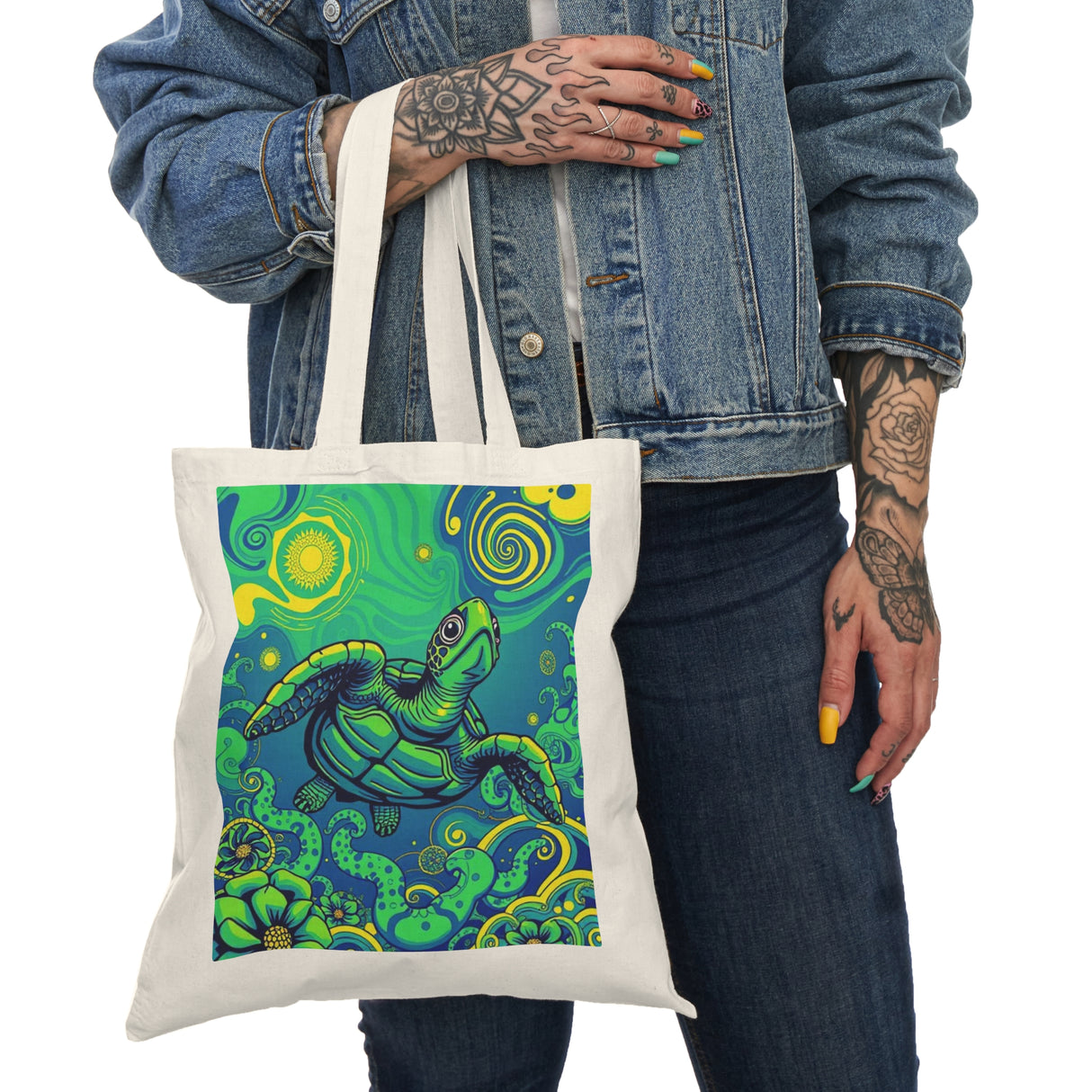 Trippy Green Tropical Sea Turtle Eco-Friendly Cotton Tote Bag