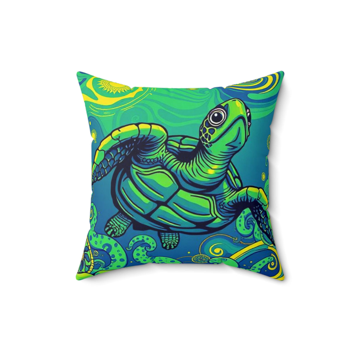 Colorful Green Trippy Sea Turtle Pillow, Faux Suede Pillow - 4 sizes