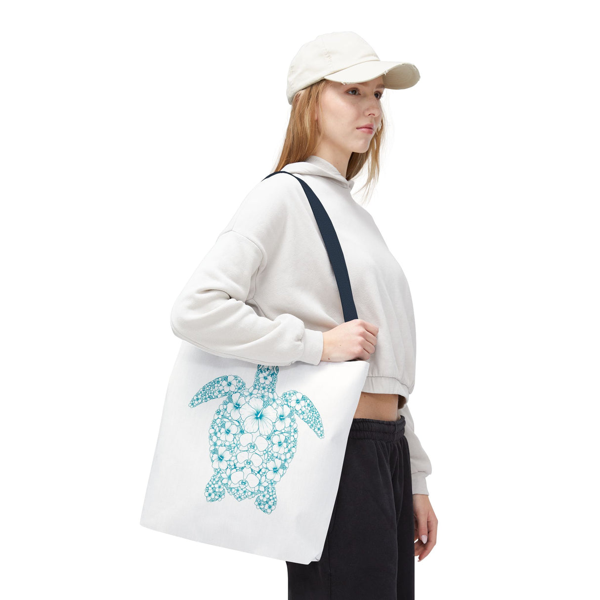 White and Teal Tropical Flower Sea Turtle Tote Bag - 3 sizes