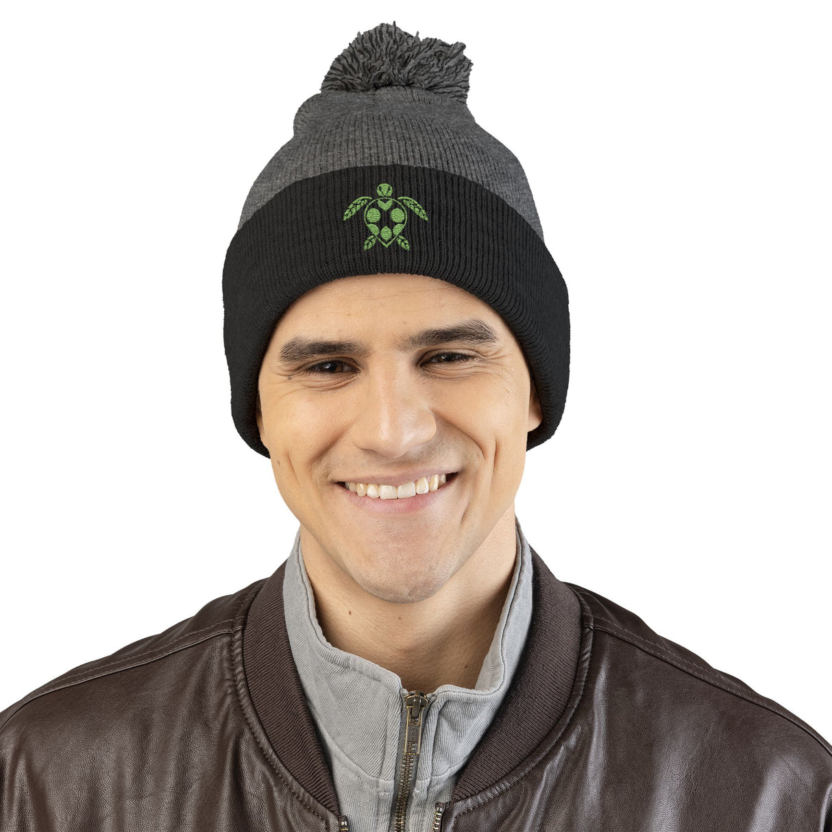 Cozy Pom-Pom Knit Cap with Green Sea Turtle Embroidery